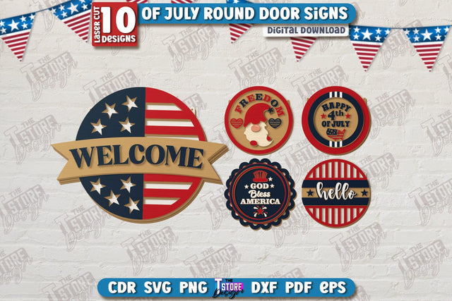 4th of July Door Signs Laser Cut Bundle | Patriotic Sign | Independence Day | Red White and Blue | Welcome Sign | CNC Files SVG The T Store Design 