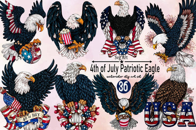 4th of July Eagle Patriotic Clipart Bundle. Sublimation SVGArt 