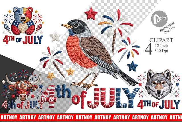 4th of July Embroidery Animal Clipart Sublimation artnoy 