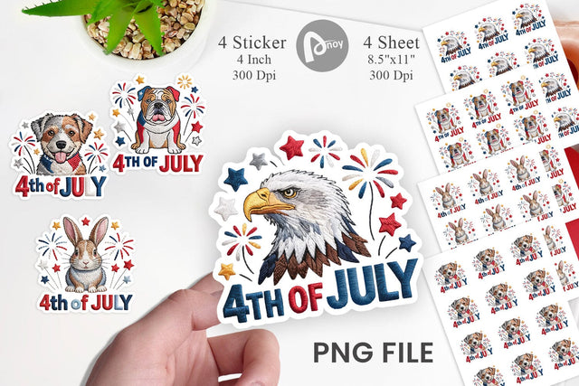 4th of July Embroidery Animal Sticker Sublimation artnoy 