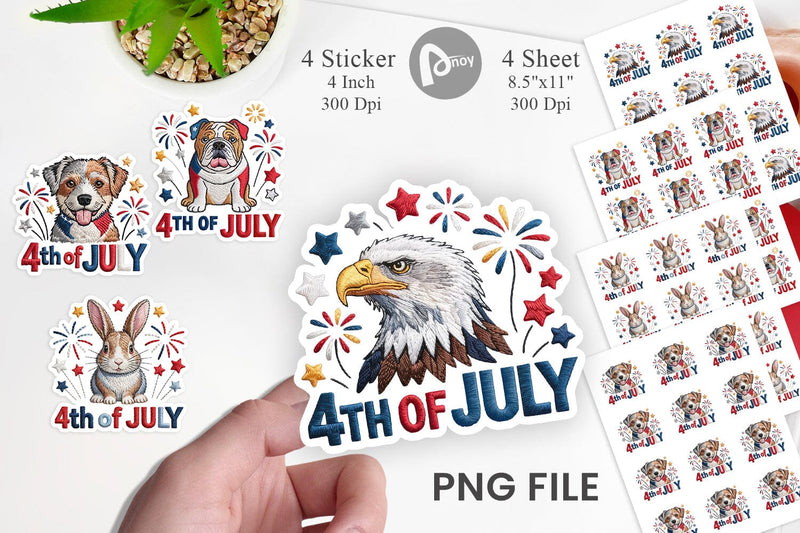 4th of July Embroidery Animal Sticker Sublimation artnoy 
