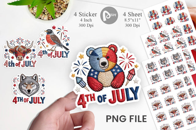 4th of July Embroidery Animal Sticker Sublimation artnoy 