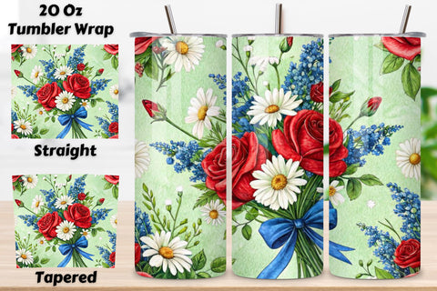 4th Of July Floral Fireworks Seamless Tumbler Wrap - 3D Blossoms & Explosions, 20oz Skinny Sublimation Design, American Flag Floral Art, Independence Day Tumbler Wrap, Fourth of July Floral Gift, USA Patriotic Flower Wrap Sublimation FloridPrintables 
