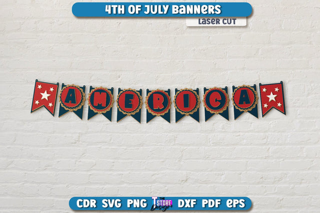 4th of July Garland Laser Cut | 4th of July Banner | 4th of July Decorations | Home Décor | Holiday | CNC File SVG The T Store Design 