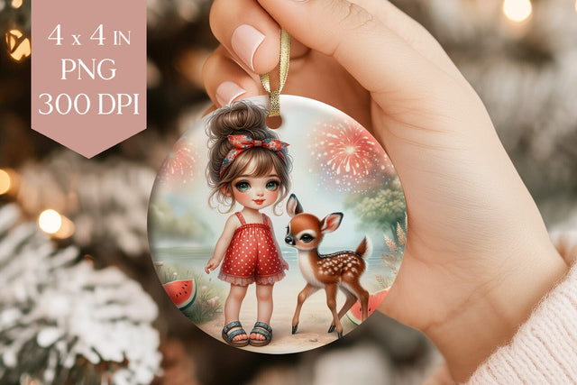 4th of July Girl and Fawn Ornament PNG Sublimation Sublimation BijouBay 