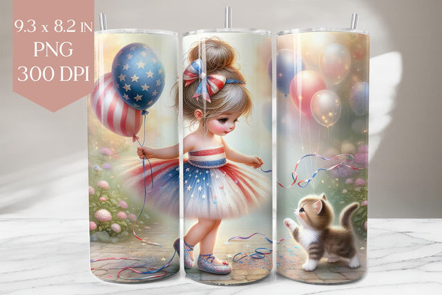 4th of July Girl and Kitten Tumbler Sublimation Wrap Sublimation BijouBay 