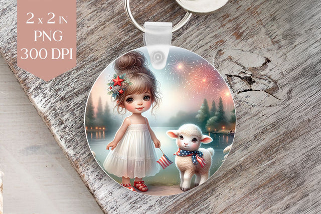 4th of July Girl and Lamb Keyring PNG Sublimation BijouBay 