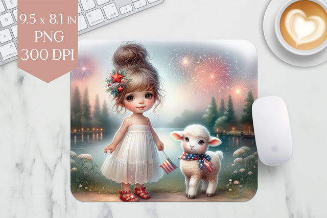 4th of July Girl and Lamb Mouse Pad PNG Sublimation BijouBay 