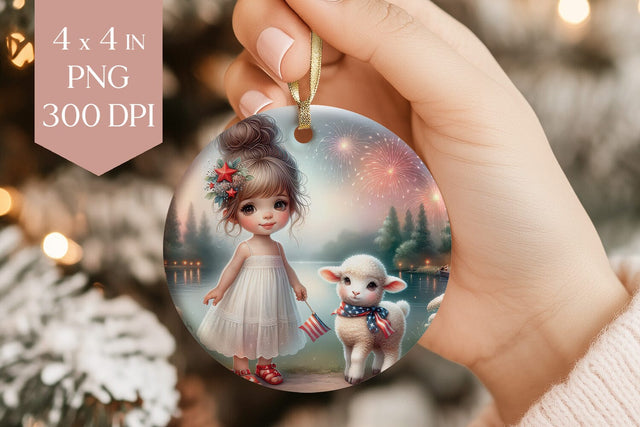 4th of July Girl and Lamb Ornament PNG Sublimation BijouBay 