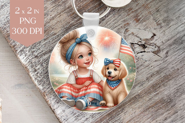 4th of July Girl and Puppy Keyring PNG Sublimation BijouBay 