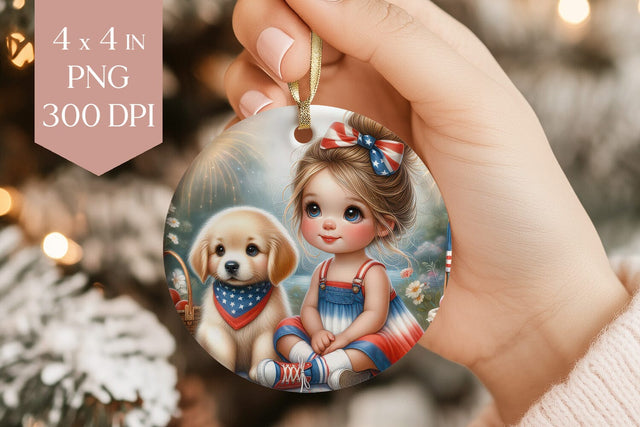 4th of July Girl & Puppy Ornament PNG Sublimation BijouBay 