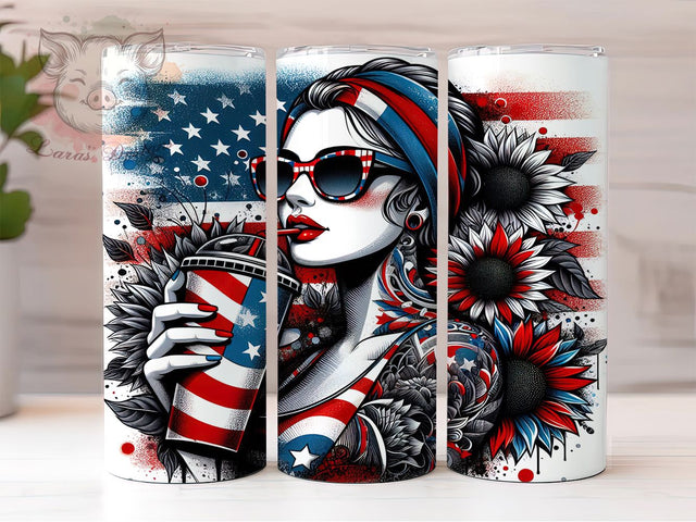 4th of July Girl Sunflower 20oz Tumbler, American Flag Sunflower Tumbler, Floral Tumbler Wrap, Patriotic Girl Tumbler, USA Flag Tumbler, Sunflower Tumbler Design, Independence Day Sublimation Lara' s Designs 