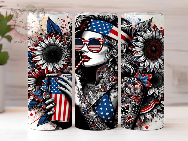 4th of July Girl Sunflower 20oz Tumbler, American Flag Sunflower Tumbler, Floral Tumbler Wrap, Patriotic Girl Tumbler, USA Flag Tumbler, Sunflower Tumbler Design, Independence Day Sublimation Lara' s Designs 