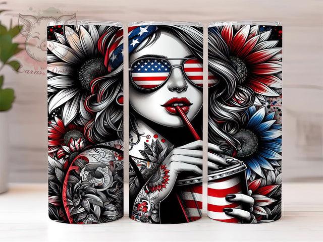 4th of July Girl Sunflower 20oz Tumbler, American Flag Sunflower Tumbler, Floral Tumbler Wrap, Patriotic Girl Tumbler, USA Flag Tumbler, Sunflower Tumbler Design, Independence Day Sublimation Lara' s Designs 