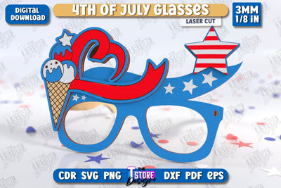 4th of July Glasses Laser Cut | Party Glasses | 4th of July Photo Booth Props | CNC File SVG The T Store Design 
