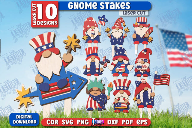 4th of July Gnome Stakes Laser Cut Bundle | Garden Decoration | Lawn Decor | Plant Stakes | CNC Files SVG The T Store Design 