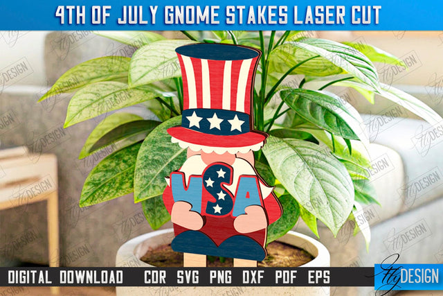 4th of July Gnome Stakes Laser Cut | Garden Decoration | Lawn Decor | Plant Stakes | CNC File SVG Fly Design 