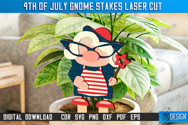 4th of July Gnome Stakes Laser Cut | Garden Decoration | Lawn Decor | Plant Stakes | CNC File SVG Fly Design 