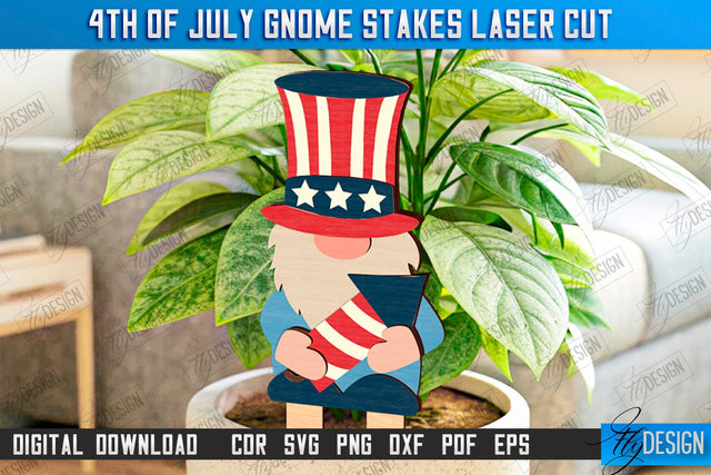4th of July Gnome Stakes Laser Cut | Garden Decoration | Lawn Decor | Plant Stakes | CNC File SVG Fly Design 