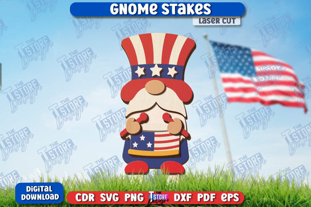 4th of July Gnome Stakes Laser Cut | Garden Decoration | Lawn Decor | Plant Stakes | CNC File SVG The T Store Design 