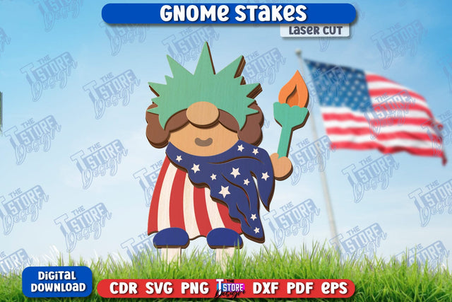 4th of July Gnome Stakes Laser Cut | Garden Decoration | Lawn Decor | Plant Stakes | CNC File SVG The T Store Design 
