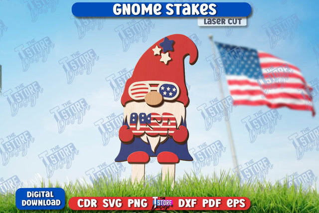 4th of July Gnome Stakes Laser Cut | Garden Decoration | Lawn Decor | Plant Stakes | CNC File SVG The T Store Design 