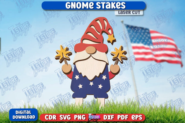 4th of July Gnome Stakes Laser Cut | Garden Decoration | Lawn Decor | Plant Stakes | CNC File SVG The T Store Design 