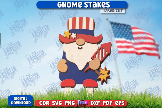 4th of July Gnome Stakes Laser Cut | Garden Decoration | Lawn Decor | Plant Stakes | CNC File SVG The T Store Design 