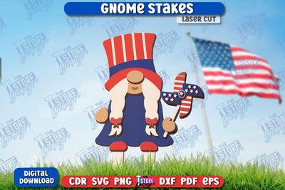 4th of July Gnome Stakes Laser Cut | Garden Decoration | Lawn Decor | Plant Stakes | CNC File SVG The T Store Design 