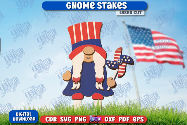 4th of July Gnome Stakes Laser Cut | Garden Decoration | Lawn Decor | Plant Stakes | CNC File SVG The T Store Design 