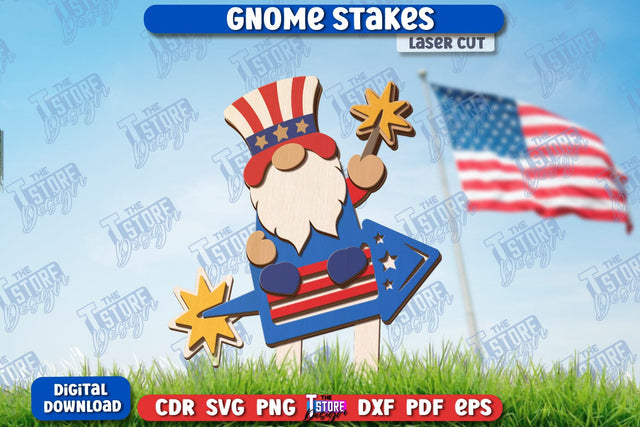 4th of July Gnome Stakes Laser Cut | Garden Decoration | Lawn Decor | Plant Stakes | CNC File SVG The T Store Design 