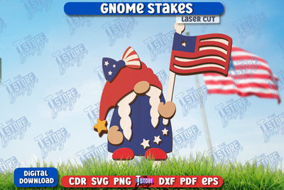 4th of July Gnome Stakes Laser Cut | Garden Decoration | Lawn Decor | Plant Stakes | CNC File SVG The T Store Design 