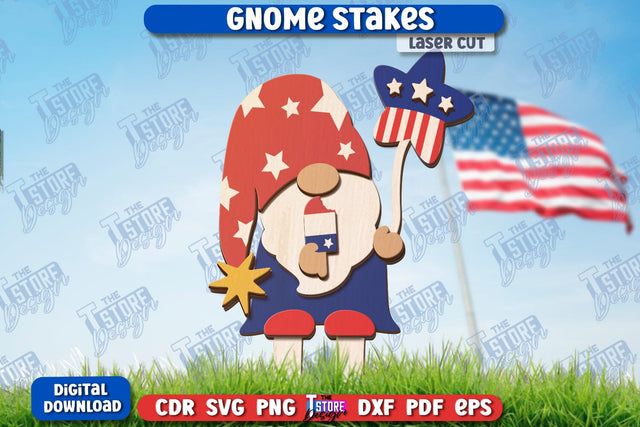 4th of July Gnome Stakes Laser Cut | Garden Decoration | Lawn Decor | Plant Stakes | CNC File SVG The T Store Design 