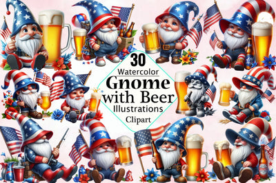 4th of July Gnome with Beer Clipart Bundle Sublimation SVGArt 