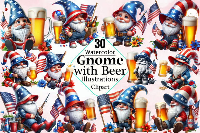 4th of July Gnome with Beer Clipart Bundle Sublimation SVGArt 
