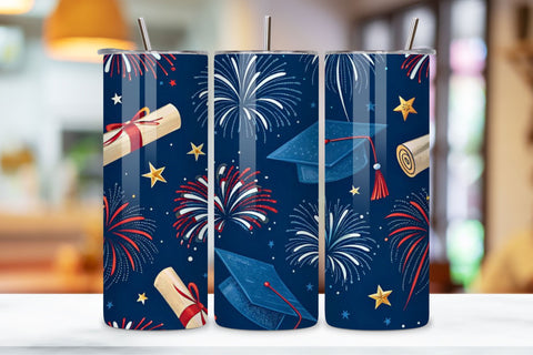 4th Of July Graduation Stars Seamless Tumbler Wrap - 3D Cap & Firework Combo, 20oz Skinny Sublimation Design, American Flag Floral Art, Independence Day Tumbler Wrap, Fourth of July Floral Gift, USA Patriotic Flower Wrap Sublimation FloridPrintables 