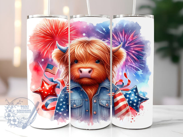4th of July Highland Cow 20oz Skinny Tumbler, Baby Highland Cow Tumbler Png, Straight & Tapered Tumbler Wrap, Instant Digital Download Sublimation ToriDesigns 