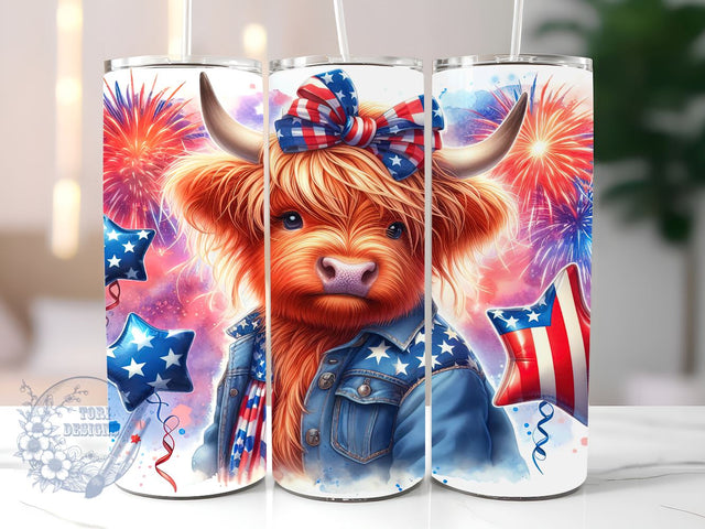 4th of July Highland Cow 20oz Skinny Tumbler, Baby Highland Cow Tumbler Png, Straight & Tapered Tumbler Wrap, Instant Digital Download Sublimation ToriDesigns 