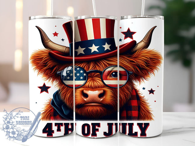 4th Of July Highland Cow 20oz Skinny Tumbler, Patriotic American Flag Tumbler Png, Straight & Tapered Tumbler Wrap, Instant Digital Download Sublimation ToriDesigns 