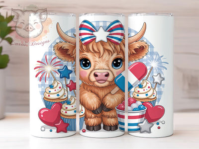 4th of July Highland Cow 20oz Tumbler, Highland Cow Calf, American Flag Bow, Patriotic Design, Rosy Cheeks, 20oz Tumbler Wrap, Sublimation PNG Sublimation Lara' s Designs 