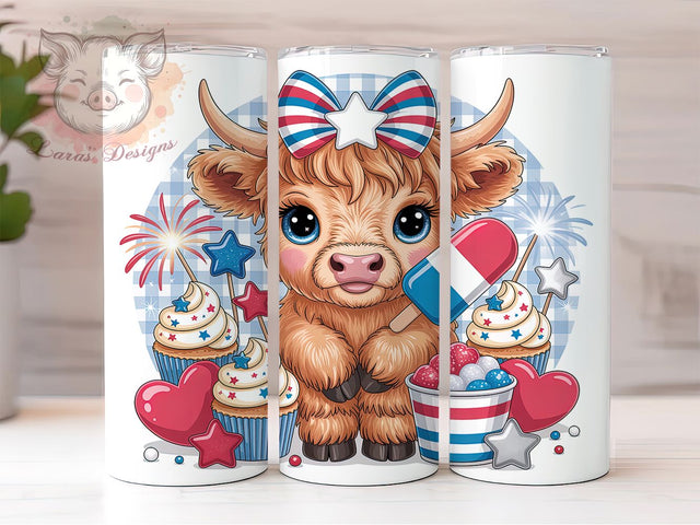4th of July Highland Cow 20oz Tumbler, Highland Cow Calf, American Flag Bow, Patriotic Design, Rosy Cheeks, 20oz Tumbler Wrap, Sublimation PNG Sublimation Lara' s Designs 