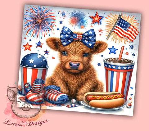 4th Of July Highland Cow 20oz Tumbler Png, Straight & Tapered Tumbler Png, Highland Cow Tumbler Png, Digital Download PNG Sublimation Lara' s Designs 