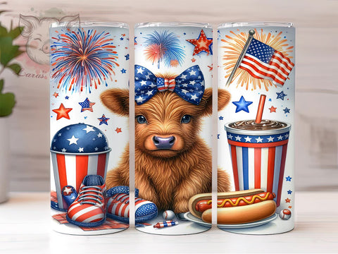 4th Of July Highland Cow 20oz Tumbler Png, Straight & Tapered Tumbler Png, Highland Cow Tumbler Png, Digital Download PNG Sublimation Lara' s Designs 