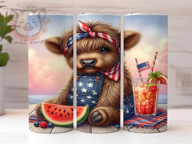 4th Of July Highland Cow 20oz Tumbler Png, Straight & Tapered Tumbler Png, Highland Cow Tumbler Png, Digital Download PNG Sublimation Lara' s Designs 