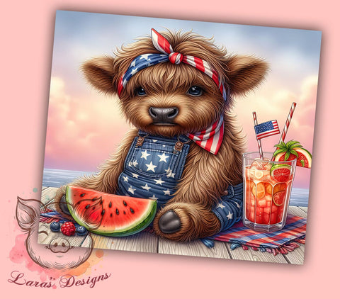 4th Of July Highland Cow 20oz Tumbler Png, Straight & Tapered Tumbler Png, Highland Cow Tumbler Png, Digital Download PNG Sublimation Lara' s Designs 