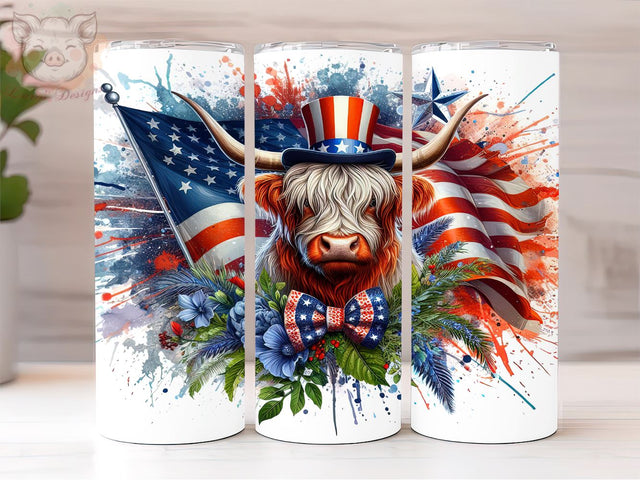 4th of July Highland Cow 20oz Tumbler Png, Straight & Tapered Tumbler Png, Patriotic Cow Tumbler Png, Digital Download PNG Sublimation Lara' s Designs 