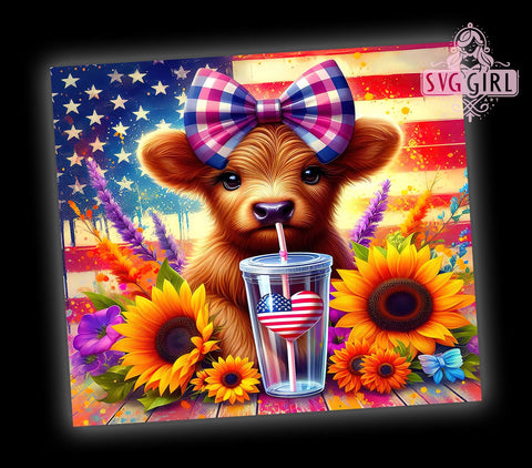 4th Of July Highland Cow 20oz Tumbler Wrap Sublimation Design, Straight Tapered Tumbler Wrap, 4th Of July Tumbler Png, Instant Digital Download Sublimation SvggirlplusArt 