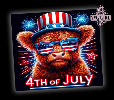 4th Of July Highland Cow 20oz Tumbler Wrap Sublimation Design, Straight Tapered Tumbler Wrap, Patriotic Highland Cow Tumbler Png, Instant Digital Download Sublimation SvggirlplusArt 