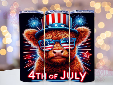 4th Of July Highland Cow 20oz Tumbler Wrap Sublimation Design, Straight Tapered Tumbler Wrap, Patriotic Highland Cow Tumbler Png, Instant Digital Download Sublimation SvggirlplusArt 