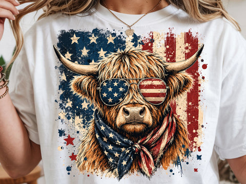 4th of July Highland Cow Png, Fourth of July Png, USA Png, 4th of July Png, America Png, Highland Cow Png, Patriotic Png, USA Flag Png SVG DesignDestine 